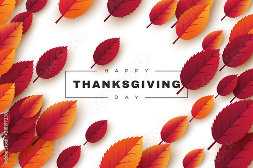 Happy Thanksgiving holiday design with bright autumn leaves and greeting text. White background. Vector illustration.