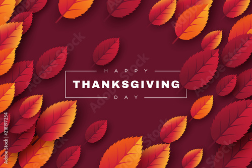 Happy Thanksgiving holiday design with bright autumn leaves and greeting text. Dark background. Vector illustration.