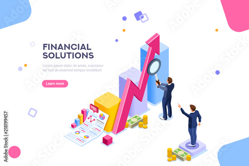 Financial research concept. Audit management of economic strategy. Currency development, economics corporate plan for sales. Statistic for organization or investment. Flat isometric characters concept