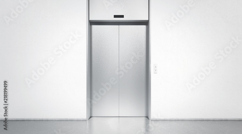 Blank silver closed elevator in office floor interior mock up, front view, 3d rendering. Empty lift with buttons near concrete wall mockup. Concept of business center or hotel lifting template