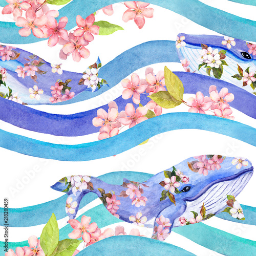 Whales in pink flowers in waves  stripes. Seamless pattern. Watercolor