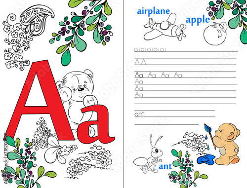 Letters. ABC. Learning to write letters. For children and their parents. Recipe. Illustrated English alphabet. Learn the letters with a rabbit and a bear. Vector illustration. Coloring book.