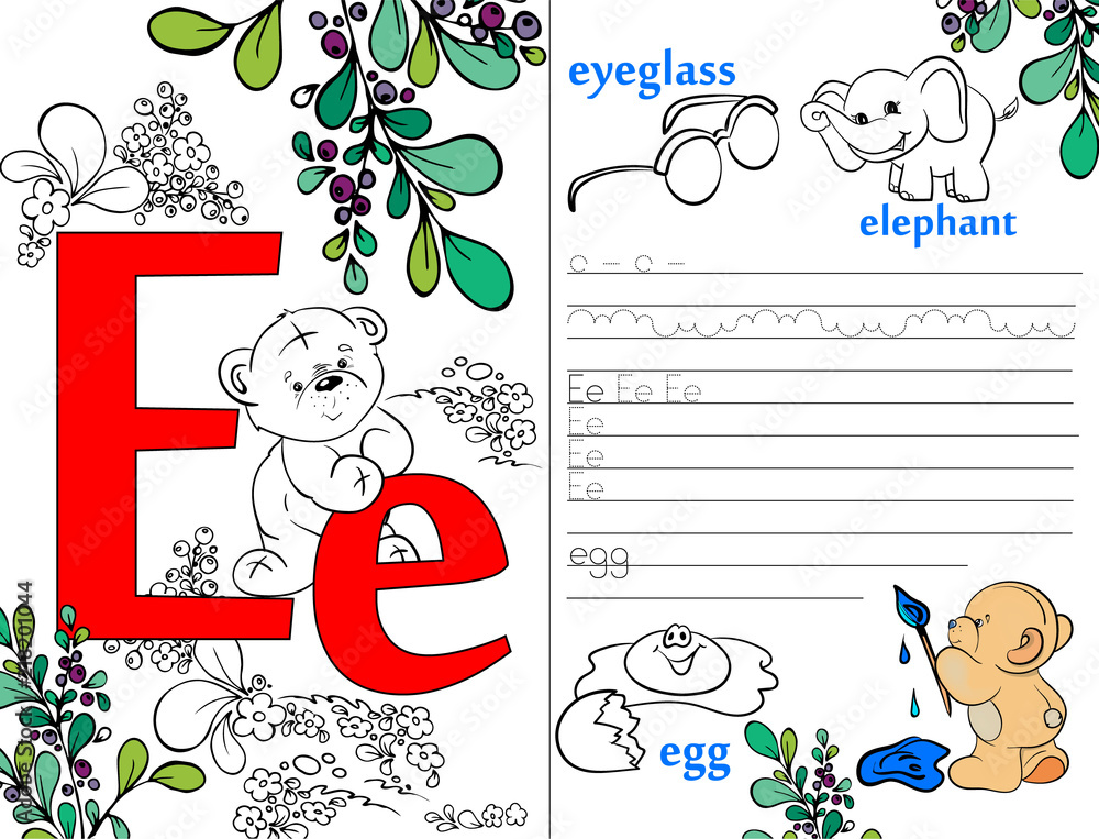 Fototapeta premium Letters. ABC. Learning to write letters. For children and their parents. Recipe. Illustrated English alphabet. Learn the letters with a rabbit and a bear. Vector illustration. Coloring book.