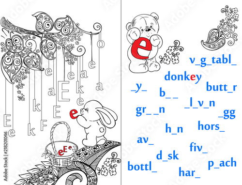 Letters. ABC. Learning to write letters. For children and their parents. Recipe. Illustrated English alphabet. Learn the letters with a rabbit and a bear. Vector illustration. Coloring book.