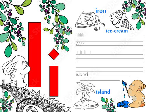 Letters. ABC. Learning to write letters. For children and their parents. Recipe. Illustrated English alphabet. Learn the letters with a rabbit and a bear. Vector illustration. Coloring book.