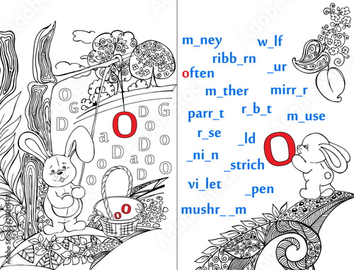 Letters. ABC. Learning to write letters. For children and their parents. Recipe. Illustrated English alphabet. Learn the letters with a rabbit and a bear. Vector illustration. Coloring book.