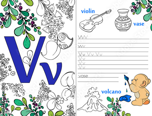 Letters. ABC. Learning to write letters. For children and their parents. Recipe. Illustrated English alphabet. Learn the letters with a rabbit and a bear. Vector illustration. Coloring book.