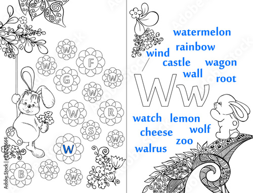 Letters. ABC. Learning to write letters. For children and their parents. Recipe. Illustrated English alphabet. Learn the letters with a rabbit and a bear. Vector illustration. Coloring book.