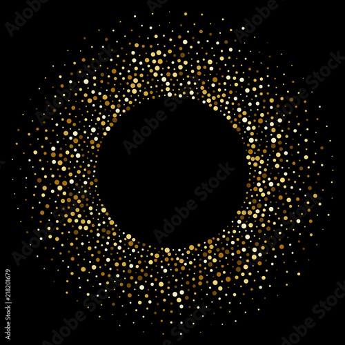 Circle of golden confetti or shiny radial glitter particles. Vector background of gold glittery dots frame for Christmas, New Year or birthday and luxury fashion and cosmetic design backdrop