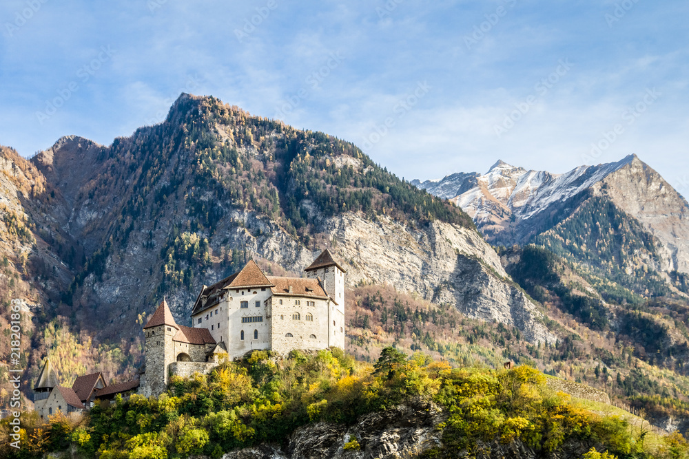 Gutenberg castle in Balzers under the mountains during summer, Liechtenstein - obrazy, fototapety, plakaty 