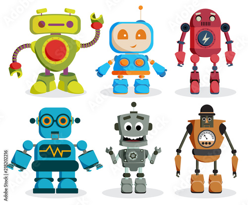 Robot toys vector characters set. Colorful kids robots elements with friendly faces isolated in white background. Vector illustration.
