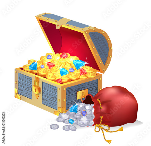 Chest Full of Treasures and Bag of Silver Coins