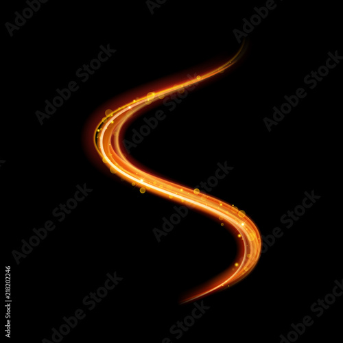 Golden light vector shiny trace or spiral trail with flame shine sparkle effect