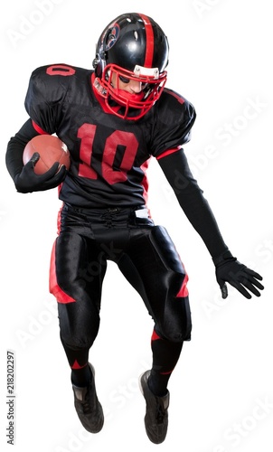American football player with the ball isolated on a white