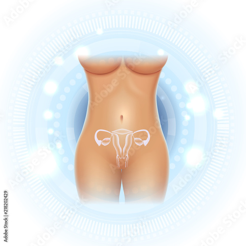 Female reproductive organs uterus and ovaries, fit body on a beautiful light blue scientific background.