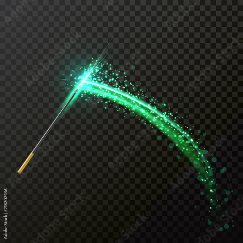 Magic wand with magical sparkle glitter light trail trace. Vector green spatter glittering and sparkling on transparent background. Magic fairy gesture spell wave