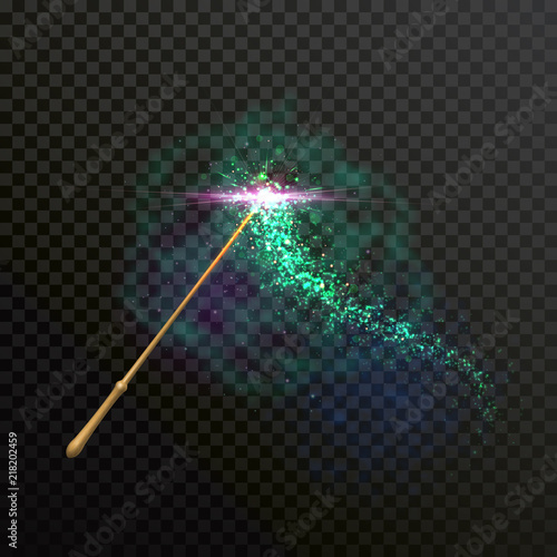 Magic wand light sparkle glitter light trail trace. Vector green neon glittering and sparkling of magical fairy gesture spell wave on transparent background
