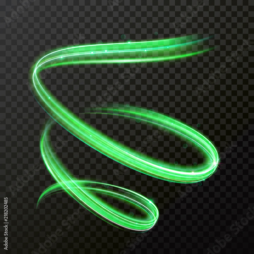 Green neon light. Vector shiny trace or spiral twirl trail with shine sparkle effect isolated on transparent background