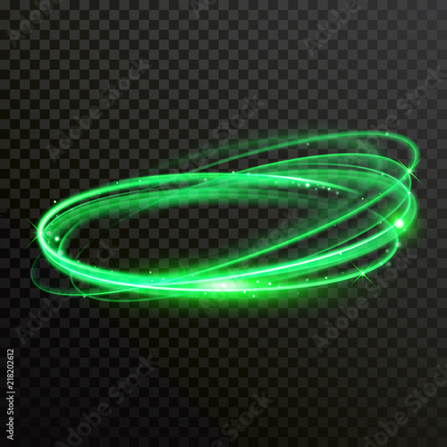 Green light circles or spin twirl. Vector abstract shiny trace or spiral trail of neon shine sparkle effect on transparent background