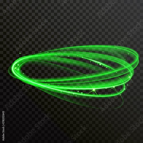 Green glow light circles or spin twirl effect. Vector abstract shiny spiral trail of neon shine sparkle