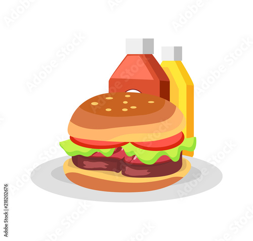 Burger on Plate and Sauces Vector Illustration