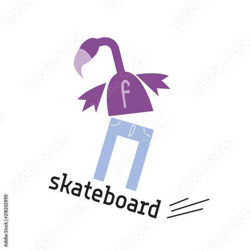 Flamingo in jeans on a skateboard. White background. Isolated object.