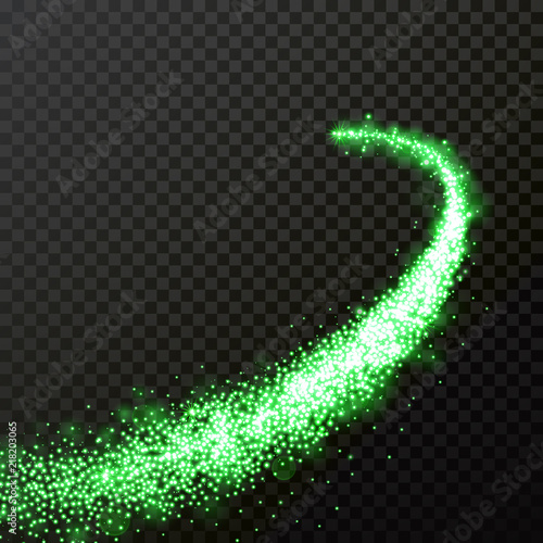 Green particles wave or comet trail with sparkling light effect on vector transparent background