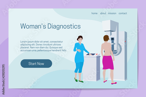 Woman's Diagnostics concept. Doctor examines patient on mammography machine. Landing page template.