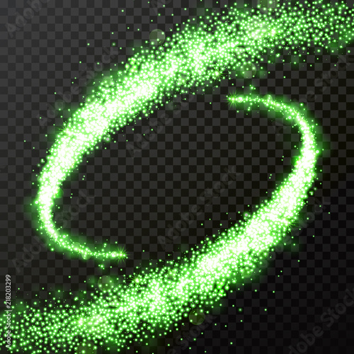 Green glitter comet trails with vector shiny neon light particles twirl