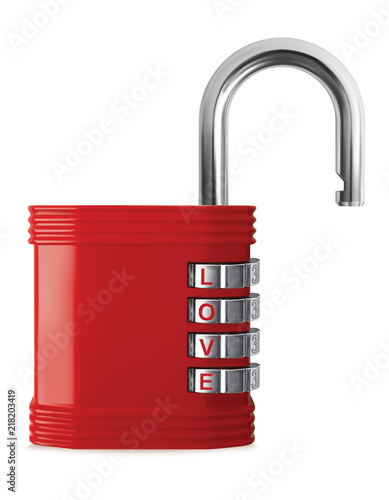 The word love opens the red padlock. Realistic vector 3d illustration