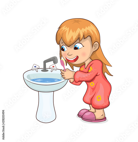 Girl Brushing Teeth Happily Vector Illustration