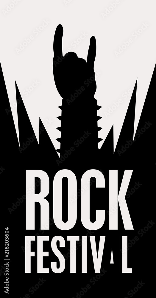 Music banner with Rock hand sign silhouette and words Rock Festival. Black and white vector illustration Music banner with Rock hand sign silhouette and words Rock Festival. Black and white vector illustration