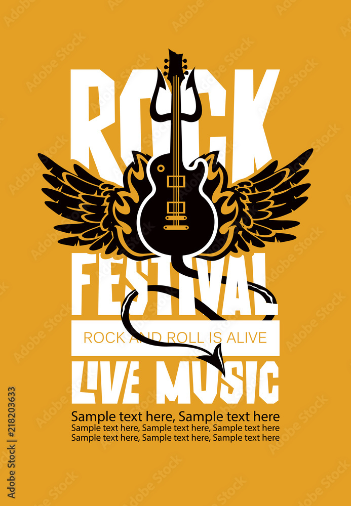 Vector poster or banner for Rock Festival of live music with an electric guitar, wings, fire, devil trident and place for text. Rock and roll is alive Vector poster or banner for Rock Festival of live music with an electric guitar, wings, fire, devil trident and place for text. Rock and roll is alive