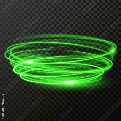 Green neon light twirl circle vector shiny trace or spiral trail with shine sparkle effect
