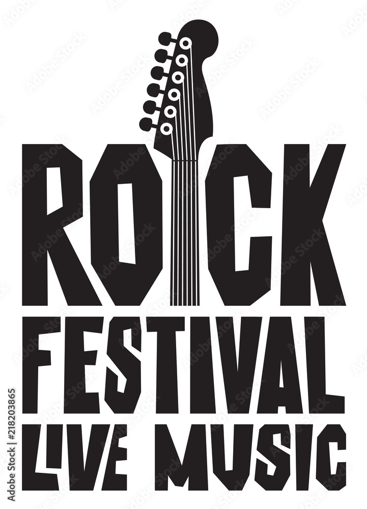 Vector poster or banner for Rock Festival of live music with neck of electric guitar. Black and white vector illustration. Creative lettering for t-shirt design in modern style