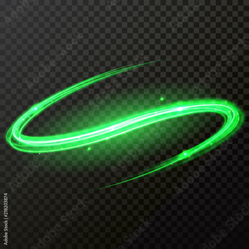 Green glow light wave of comet trail with vector shiny neon light particles twirl