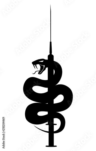 Black snake with syringe on white background.