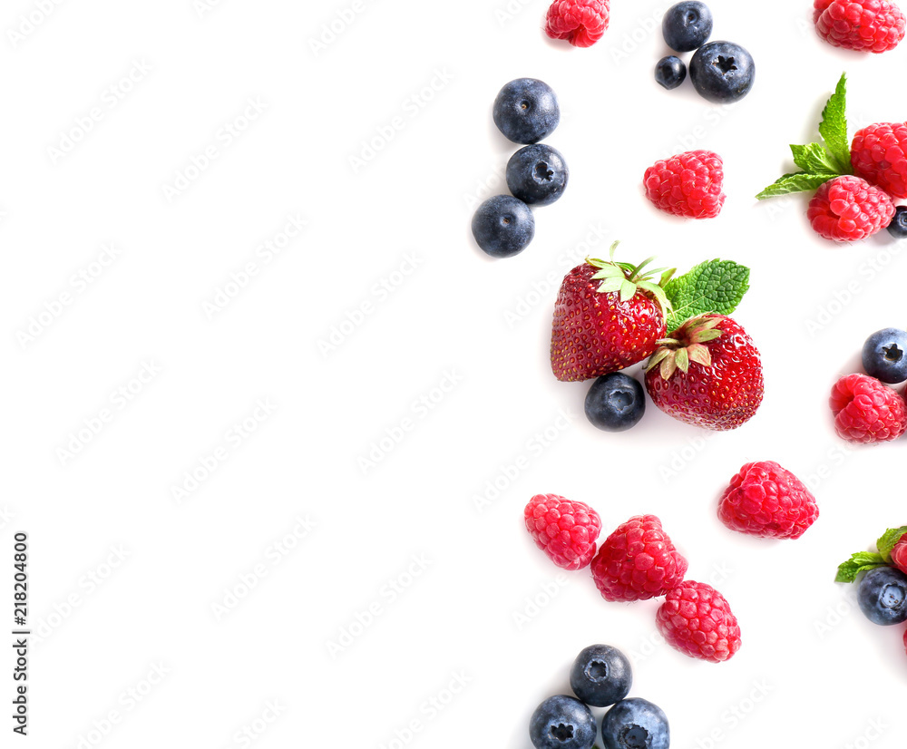 Delicious ripe berries on white background, top view Delicious ripe berries on white background, top view