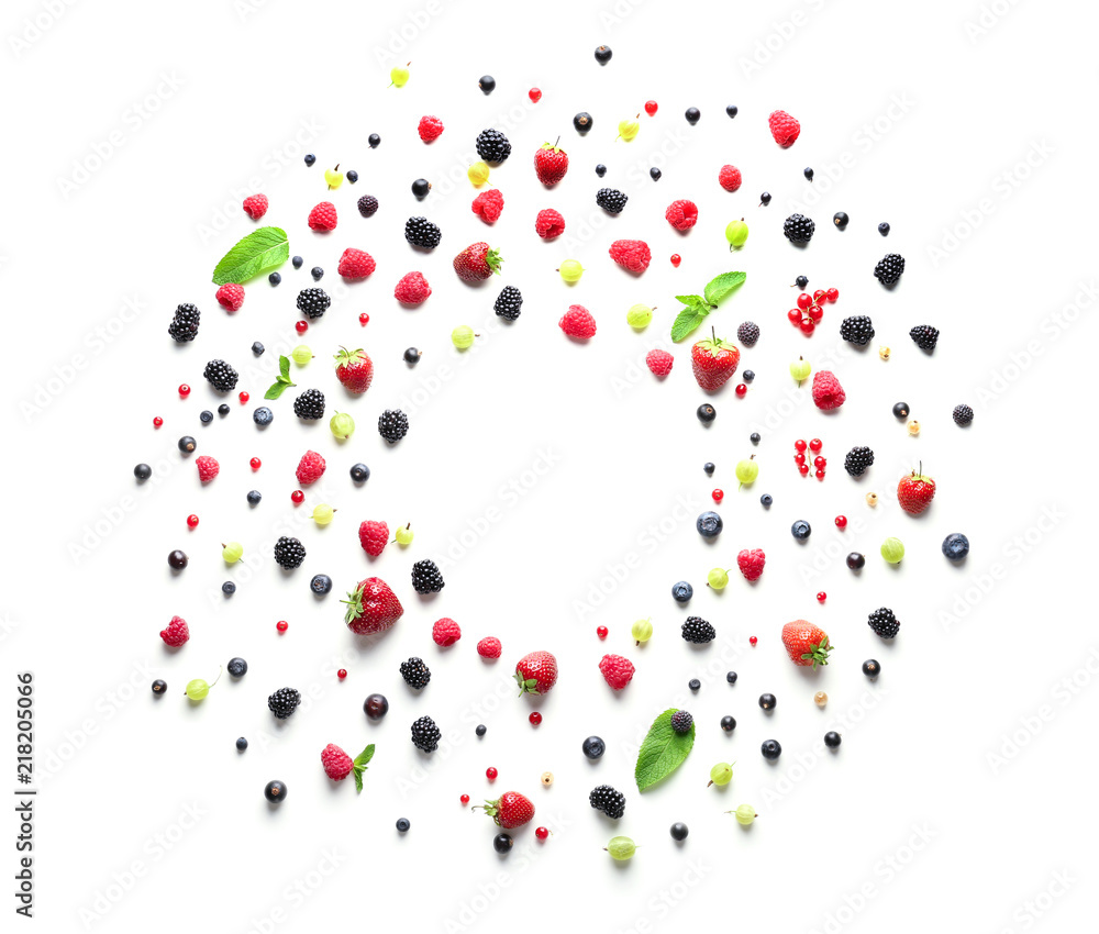 Delicious ripe berries on white background, top view Delicious ripe berries on white background, top view