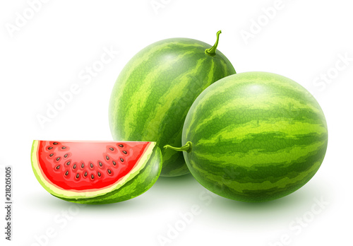 Sweet watermelons. Whole fresh ripe fruit with sliced juicy