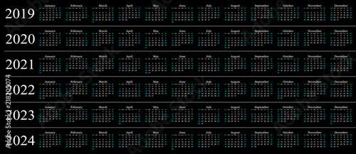 Six year calendar - 2019, 2020, 2021, 2022, 2023 and 2024 in black background.