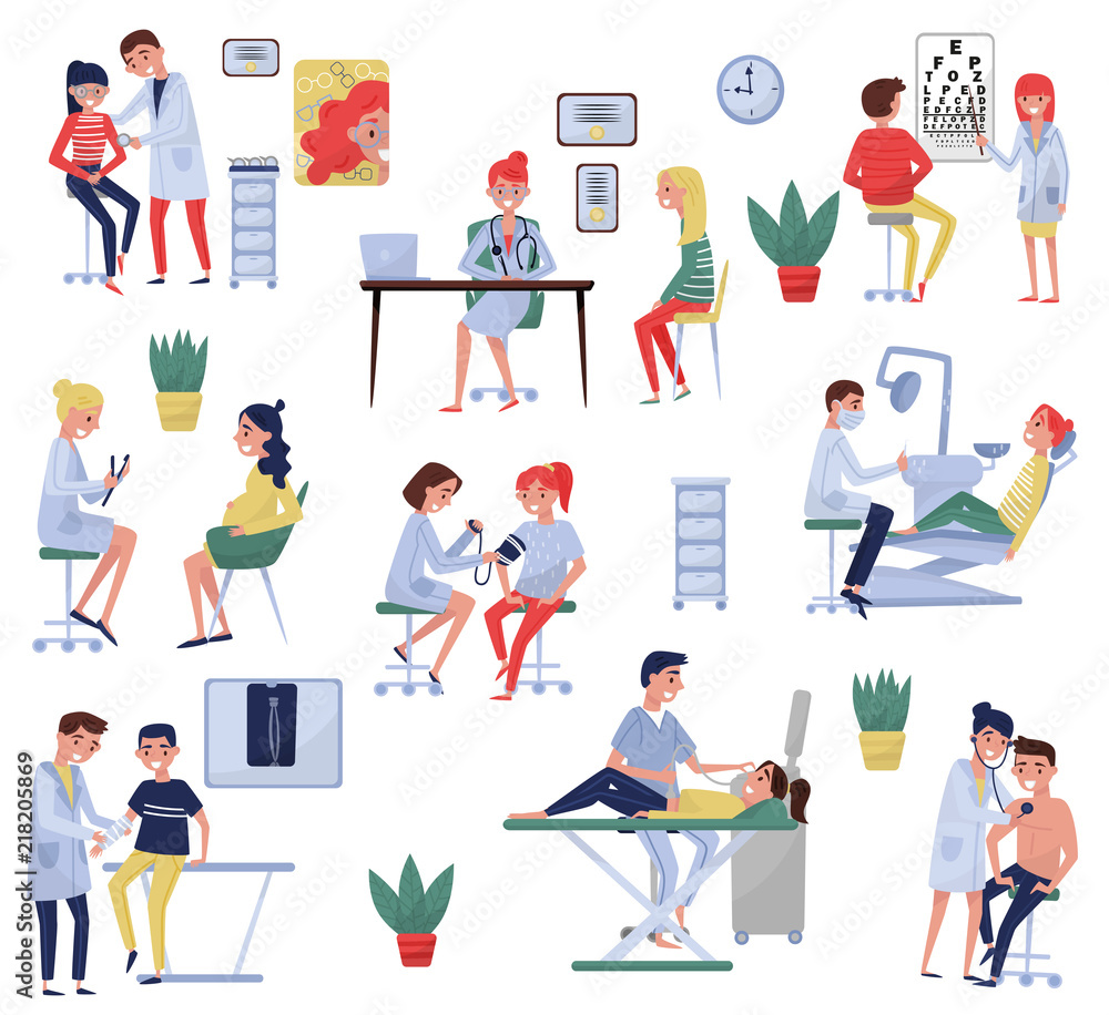 Doctors examining patients in the clinic set, oculist, therapist, gynecologist, taumatologist, dentist, ophthalmologist, medical treatment and healthcare concept vector Illustrations Doctors examining patients in the clinic set, oculist, therapist, gynecologist, taumatologist, dentist, ophthalmologist, medical treatment and healthcare concept vector Illustrations