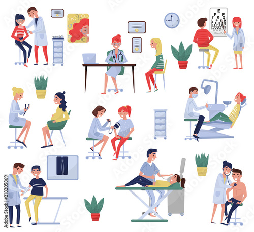 Doctors examining patients in the clinic set, oculist, therapist, gynecologist, taumatologist, dentist, ophthalmologist, medical treatment and healthcare concept vector Illustrations