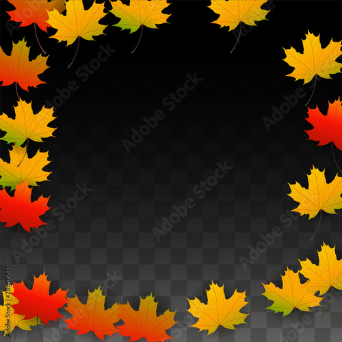 September Vector Background with Golden Falling Leaves. Autumn Illustration with Maple Red, Orange, Yellow Foliage. Isolated Leaf on Transparent Background. Bright Swirl. Suitable for Posters.