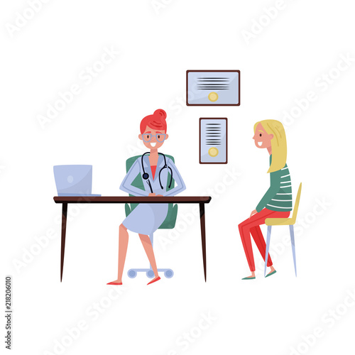 Male practitioner doctor advising patient in medical office, medical treatment and healthcare concept vector Illustration on a white background