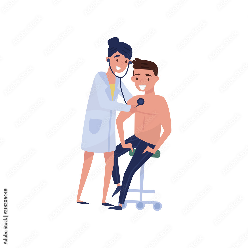 Female therapist doctor examining male patient with stethoscope, medical treatment and healthcare concept vector Illustration on a white background