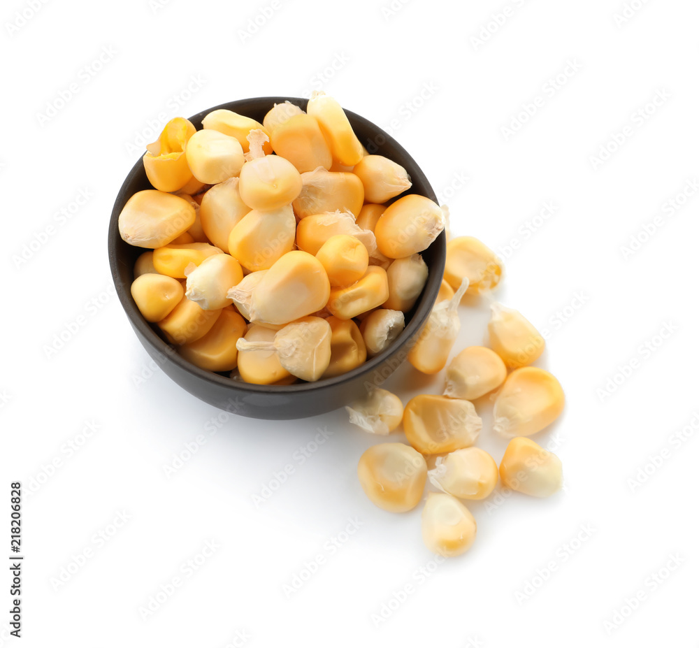 Bowl with ripe corn kernels on white background Bowl with ripe corn kernels on white background