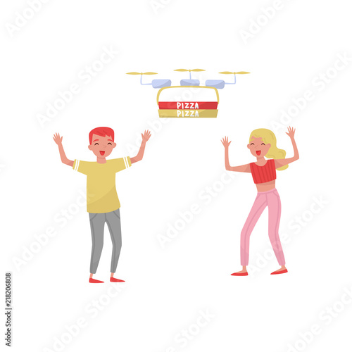 Drone quadrocopter delivering box of pizza to young couple, man and woman welcoming multicopter handling box order, fast delivery service vector Illustration on a white background