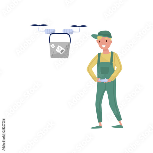 Young man flying drone with remote control, fast delivery service vector Illustration on a white background