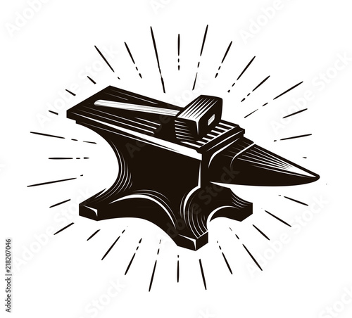 Blacksmith, forge. Anvil and hammer, vector illustration